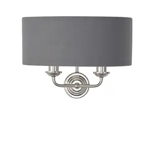 Luminosa Highclere Shade Wall Lamp Bright Nickel Plate, Charcoal Fabric