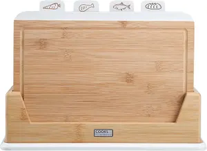 Cooks Professional Bamboo Index Chopping Boards with Stand, Wood Cutting Boards Veg, Meat & Fish White