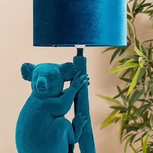 ValueLights Teal Velvet Koala Bedside Table Lamp with a Drum Lampshade Animal Bedroom Light - Bulb Included