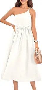 Anrabess Women's Summer Straps Sundress One Shoulder Sleeveless Pleated High Waist A-Line Flowy Midi Dresses With Pockets