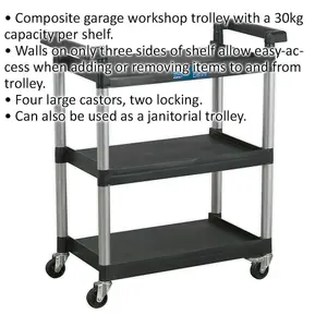 Versatile 3 Level Composite Workshop Trolley with Wheels - 800mm x 410mm x 930mm