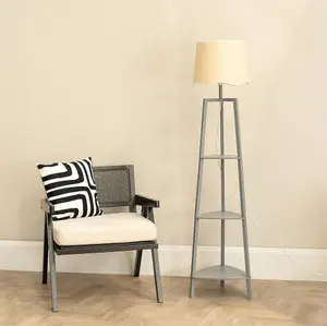 ValueLights Hiru Grey 3 Tier Shelved Wooden Floor Lamp with Linen Trim Scallop Tapered Shade