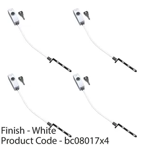 4 PACK - White Window Cable Restrictor Set - Limit Opening - Locking Safety Window Stop