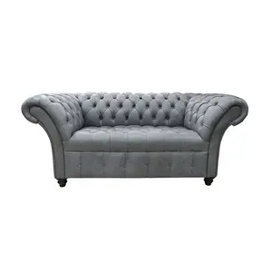 Chesterfield 2 Seater Buttoned Seat Sofa Vintage Cracked Wax Ash Grey Leather In Balmoral Style