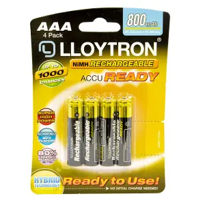 LLOYTRON NiMH Rechargeable AccuReady Batteries AAA Size, 800mAh, Ready to Use, 4 Pack