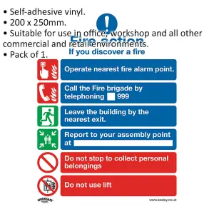 1x Fire Action and Lift Health Safety Sign - 200x250mm Self-Adhesive Vinyl Sticker