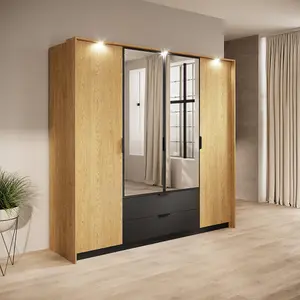 Spacious Oak Baltic & Black Wardrobe H2100mm W2230mm D590mm - Modern Design with Mirrored Doors