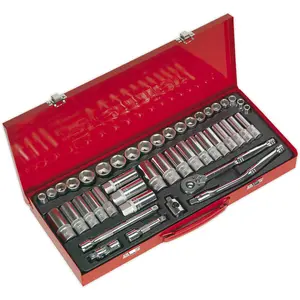 45 PACK Socket Set - 3/8" Met & Imp Square Drive - 6 Point Socket Ratchet Handle