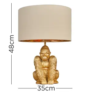 ValueLights Gus Modern Gold Sitting Gorilla Monkey Design Table Lamp with Beige Gold Cylinder Shade