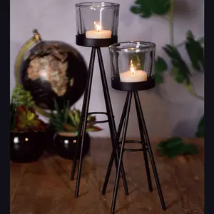 URBNLIVING 2pcs 8x19cm & 8x24cm Tall Metal Tripod Tealight Candle Stick Stand Glass Holder Set