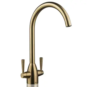 Deva Carlow Dual Lever Kitchen Sink Mixer Tap In Brushed Brass - Sleek & Durable Swan Neck Design - With Swivel Spout