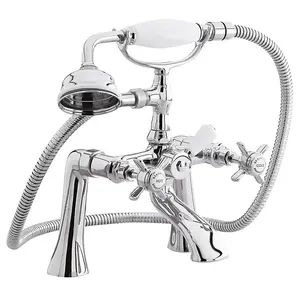 Traditional Deck Mounted 1/2 Inch Bath Shower Mixer Tap with Shower Kit - Chrome/White