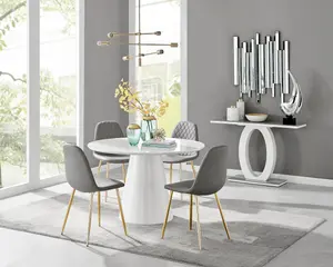 Furniturebox Palma White Marble Effect Round 4-6 Seater Pedestal Dining Table & 4 Grey Corona Faux Leather Gold Leg Chairs