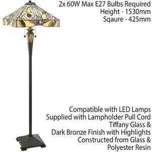 1.5m Tiffany Twin Floor Lamp Dark Bronze & Stained Glass Roses Shade i00029