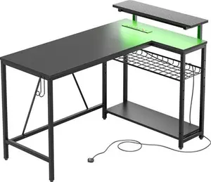 Thielsen 48" L Shaped Computer Desk With Power Outlet, LED Gaming Or Work Desk With Monitor Stand Borough Wharf Colour: Black