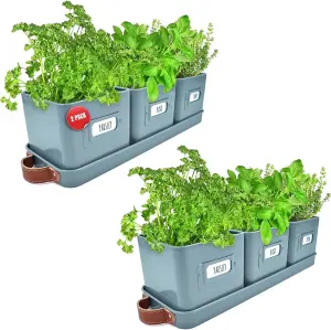 Herb Pots 2 Set Teal Blue Indoor Planters with Leather Handled Tray for Kitchen Windowsill Herb Garden