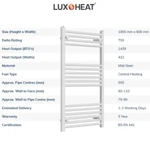 Towel Radiator Rail 1000 x 600 for Central Heating with White Finish