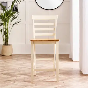 Furniturebox UK Rye Cream Painted Solid Wood Bar Table With Oak Colouur Top and 2x Matching Bar Chairs Dining Set