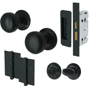 EAI - Lined Mortice Door Knobs and Bathroom Lock Kit - 55mm - Matt Black