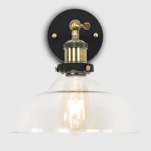 ValueLights Wallace Pair of Industrial Black and Gold Wall Light Fittings with Clear Glass Light Shades