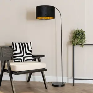 ValueLights Curva Black Arched Floor Lamp with Black Velvet and Gold Inner Lamp Shade & Bulb