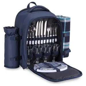 VonShef 4 Person Navy Tartan Picnic Backpack Hamper with Cooler Compartment, Includes Tableware & Fleece Picnic Blanket