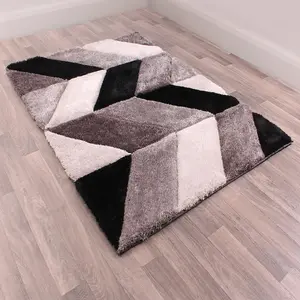 Grey Shaggy Modern Sparkle Geometric Easy to clean Rug for Dining Room Bed Room and Living Room-80cm X 150cm