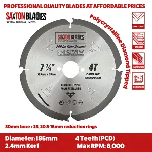 Saxton PCD1854T PCD Circular Saw Blade, 185mm x 4 Teeth Polycrystalline Diamond Tipped Fibre Cement Board, Hard Materials