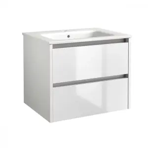 Bathroom 2-Drawer Wall Hung Vanity Unit with Basin 600mm Wide - White - (Urban) - Brassware Not Included