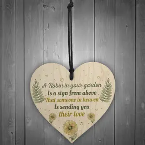 Red Ocean Robin Garden Memorial Grave Wooden Hanging Heart Sign Rememberance Plaque Inspirational Gift