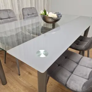 Grey Clear Glass Dining Table With 4 Grey Tufted Velvet Chairs Dining Set