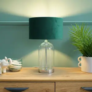 ValueLights Jessy Glass and Silver Chrome Metal Bedside Table Lamp with a Forest Green Velvet Lampshade - Bulb Included