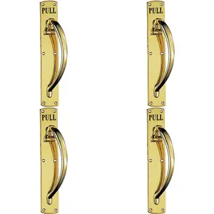 4x Curved Right Handed Door Pull Handle Engraved with 'Pull' Polished Brass