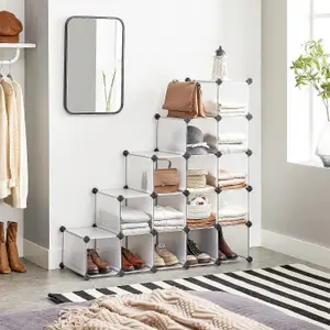 Interlocking Shoe Rack, Rectangular Storage Organiser, 16-Slot Modular DIY Storage Shelf Unit, Metal Wire Wardrobe, White LPC44S