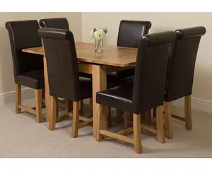 Richmond 90cm - 150cm Square Oak Extending Dining Table and 6 Chairs Dining Set with Washington Brown Leather Chairs