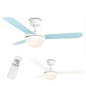 ValueLights 42" / 106cm Modern Duck Egg Blue/Cream Reversible Blade Ceiling Fan with Frosted Opal Shade - with Remote Control