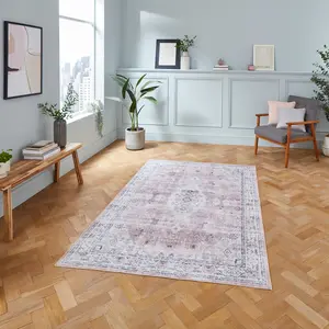 Pink Easy to Clean Bordered , Geometric Traditional Rug for Living Room, Bedroom - 120cm X 170cm