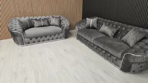 Ambassador Grey Velvet Sofa Set 3 and 2 Seater Chrome Accent Living Interior