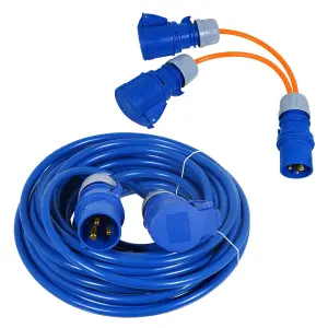 SPARES2GO 16A Extension Lead 14m Heavy Duty 240V 2.5mm Blue Power Cable + 2 x 16 Amp Splitter Kit