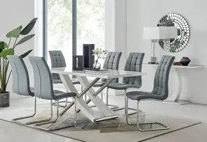 Furniturebox UK 6 Seater Dining Set - Mayfair High Gloss White Chrome Dining Table and Chairs - 6 Grey Faux Leather Murano Chairs