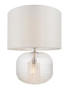 Eastcombe Clear Ribbed Glass with Bubbles a Vintage White Faux Silk Shade Modern Classic Style 2 Light Table Light