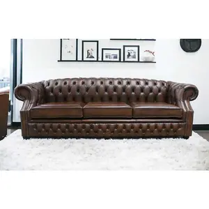 Chesterfield 4 Seater Antique Tan Real Leather Sofa In Buckingham Style