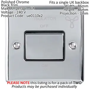 2 PACK 6A Extractor Fan Isolator Switch CHROME & Black Trim 3 Pole Shower