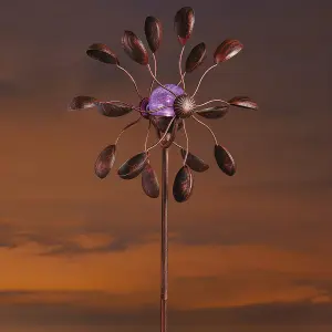 Gemini Garden Wind Spinner with Solar Powered Crackle Globe - Outdoor Garden Decoration with Multicoloured LED Light - H130cm