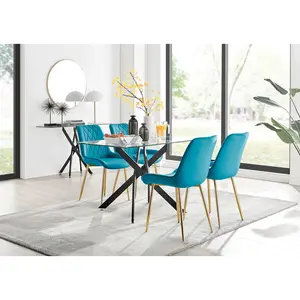 Lenworth Glass Rectangular Dining Table Set with 4 Luxury Velvet Chairs Blue/Gold / Black