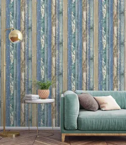 Rustic Distressed Elm Wood Plank Effect Blue Cabin Beige Realistic Wallpaper