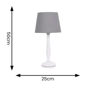 ValueLights Victoria Traditional White Wood Candlestick Table Lamp with Grey Tapered Shade