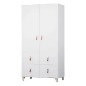 Elegant White Matt Hinged Wardrobe W104cm H202cm D55cm with Leather Handles & Wooden Legs