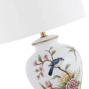 Traditional Ceramic Lamp Base in White Gloss with Coloured Birds and Flowers