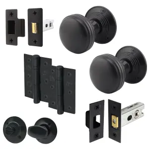 AFIT Lined Door Knob Set Matt Black - 1 Pair of Mortice Knobs 55mm, Latch & Deadbolt Kit 76mm, Hinges 76mm & Turn & Release